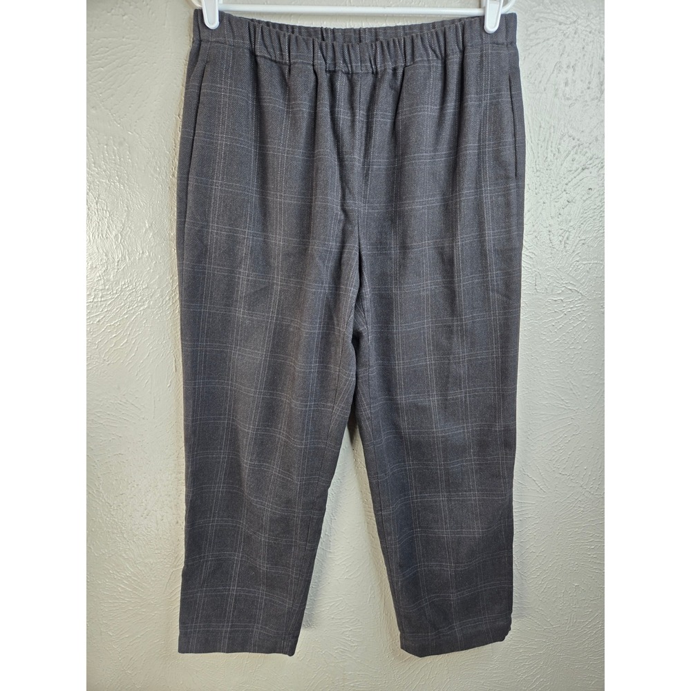 Babaton Pull On Dress Pants L Grey Plaid Cotton Straight Preppy Academia Trouser